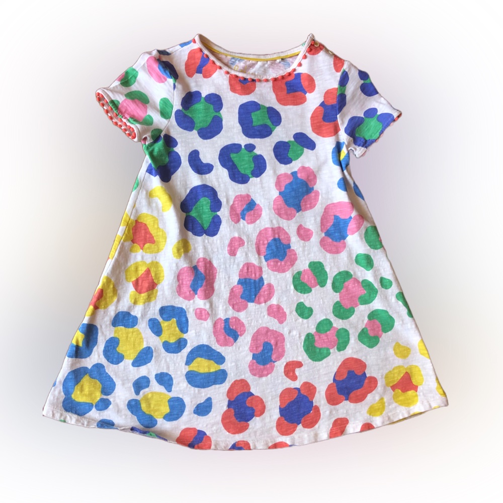 Boden Charlie Pom Jersey Dress	 – Rainbow Leopard Print, size 6-7